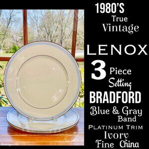 ▪️VTG▪️LENOX▪️3 Piece Setting BRADFORD Blue Gray Band Platinum Trim Ivory China